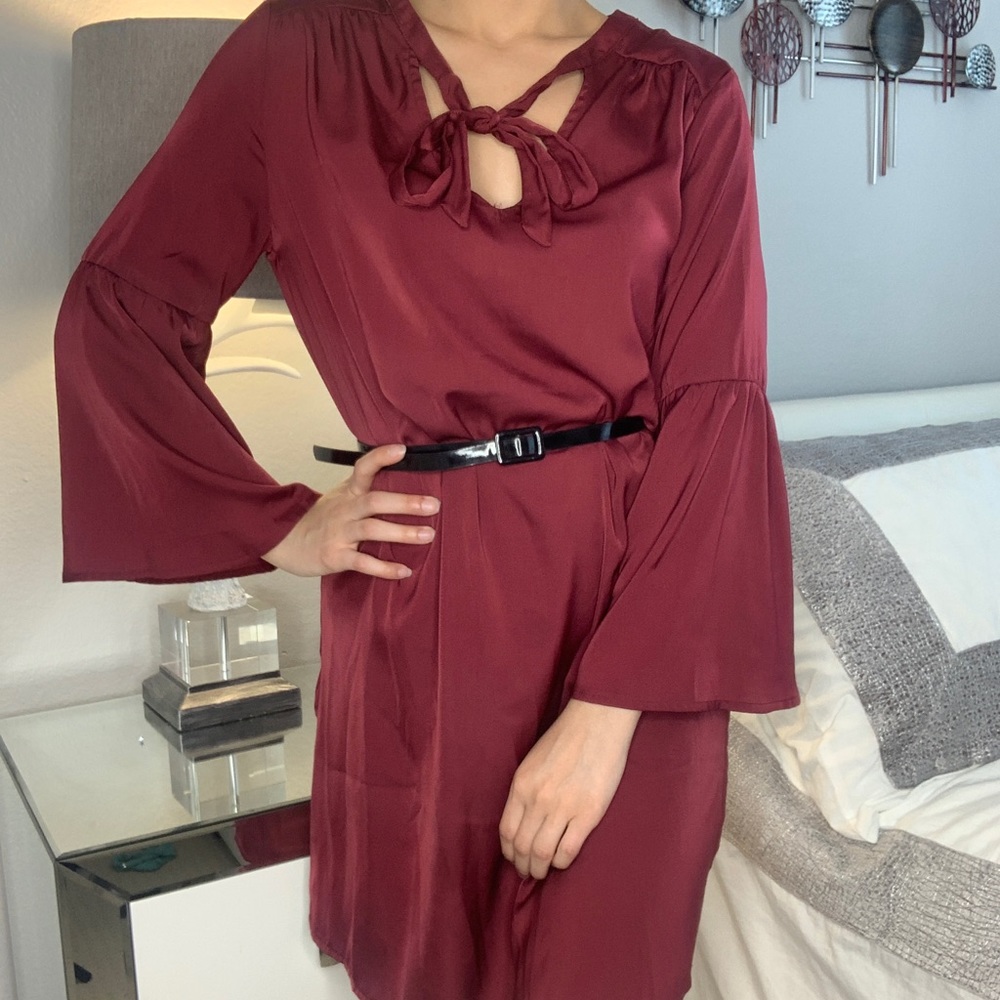 Burgundy silk dress with bell sleeves- size xs
